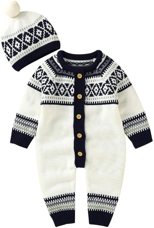 Newborn Baby Romper with Hat Clothes Set Infant Girl Boy Knitted Sweater Jumpsuit Long Sleeve